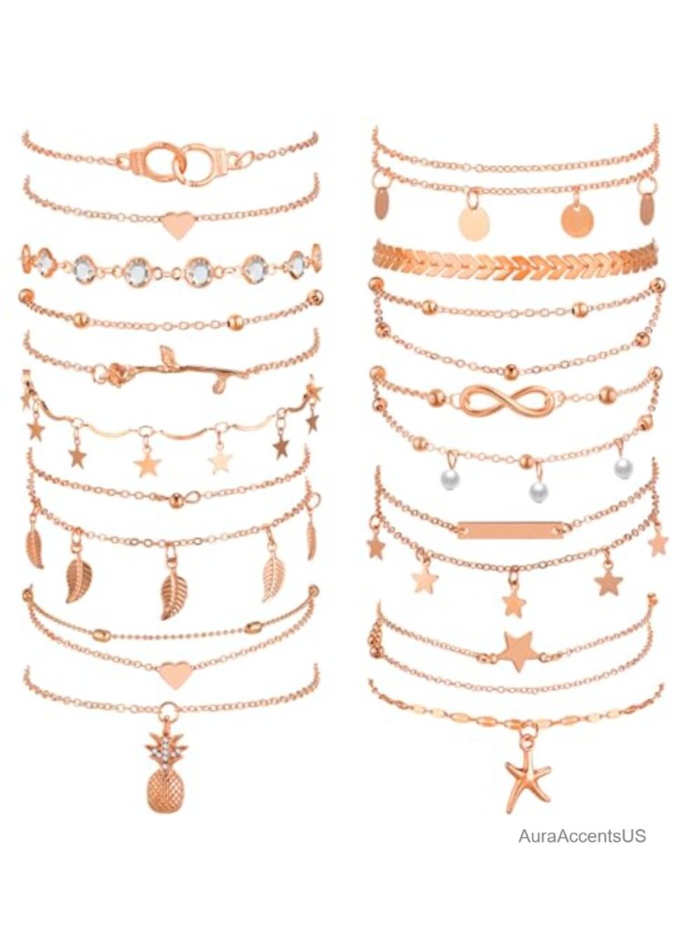 16 Pcs Ankle Bracelets Set Alloy Plated Waterproof Beach Chain Boho Stackable